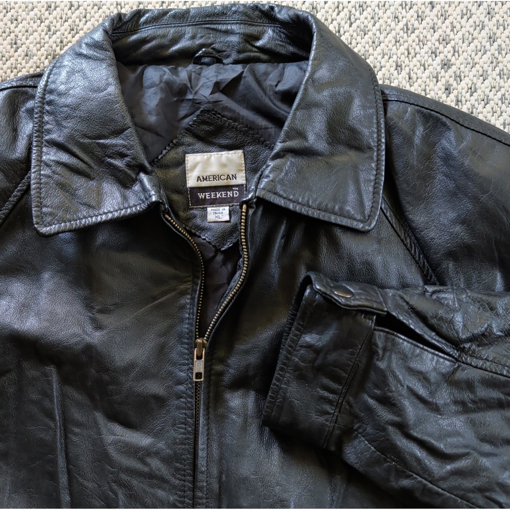 VTG American Weekend Mens Black Leather Bomber Jacket SZ XL Biker Y2K 90s Grunge